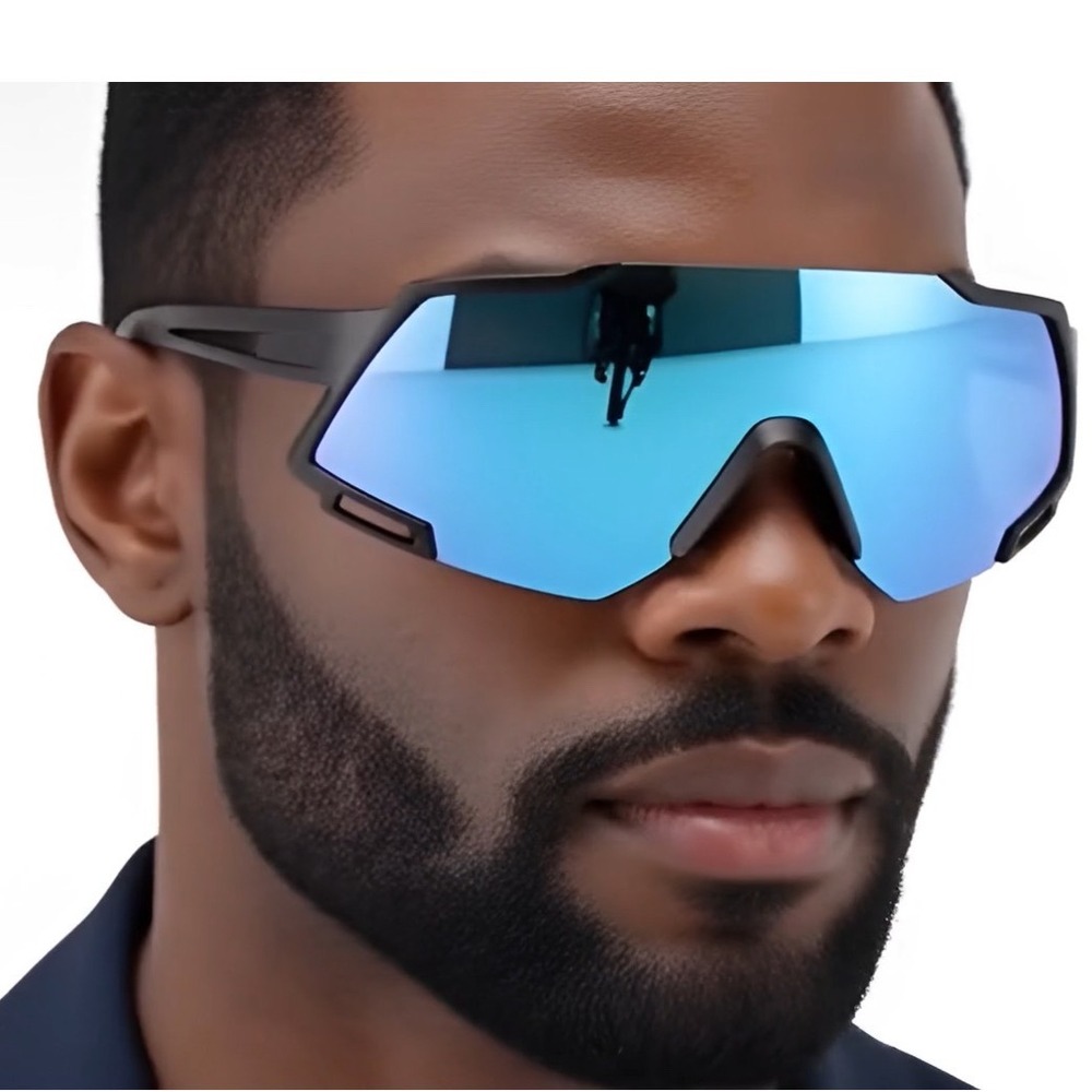 Sport Sunglasses Men Blue Mirror Lens Black Frame UV400 Cycling Running Driving